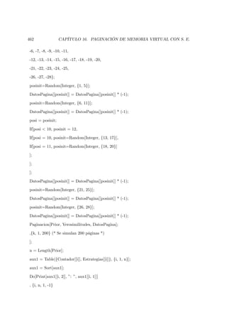 462               CAPÍTULO 16. PAGINACIÓN DE MEMORIA VIRTUAL CON S. E.

-6, -7, -8, -9, -10, -11,

-12, -13, -14, -15, -16, -17, -18, -19, -20,

-21, -22, -23, -24, -25,

-26, -27, -28};

posinit=Random[Integer, {1, 5}];

DatosPagina[[posinit]] = DatosPagina[[posinit]] * (-1);

posinit=Random[Integer, {6, 11}];

DatosPagina[[posinit]] = DatosPagina[[posinit]] * (-1);

posi = posinit;

If[posi < 10, posinit = 12,

If[posi = 10, posinit=Random[Integer, {13, 17}],

If[posi = 11, posinit=Random[Integer, {18, 20}]

];

];

];

DatosPagina[[posinit]] = DatosPagina[[posinit]] * (-1);

posinit=Random[Integer, {21, 25}];

DatosPagina[[posinit]] = DatosPagina[[posinit]] * (-1);

posinit=Random[Integer, {26, 28}];

DatosPagina[[posinit]] = DatosPagina[[posinit]] * (-1);

Paginacion[Prior, Verosimilitudes, DatosPagina];

,{k, 1, 200} (* Se simulan 200 páginas *)

];

n = Length[Prior];

aux1 = Table[{Contador[[i]], Estrategias[[i]]}, {i, 1, n}];

aux1 = Sort[aux1];

Do[Print[aux1[[i, 2]], ”: ”, aux1[[i, 1]]]

, {i, n, 1, -1}
 