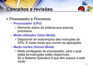 Conceitos e revisões Processador e Processos Processador (CPU)  Elemento activo do sistema que executa processos Modo utilizador ( User Mode ) Disponível um subconjunto das instruções do CPU. É neste modo que correm as aplicações Modo núcleo ( Kernel Mode ) Modo privilegiado do processador, para o qual todas as instruções estão disponíveis.  Só o Sistema Operativo é que tem acesso a este modo 