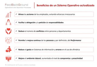 Beneficios de un Sistema Operativo actualizado
9 | Optimización de Procesos y Sistemas Industriales
 Reduce el número de conflictos entre personas y departamentos
 Alinea las acciones de los empleados, evitando esfuerzos innecesarios
 Permite la mejora continua de los procesos y por definición, del resultado de la empresa
 Mejora el ambiente laboral, aumentado el nivel de compromiso y proactividad
 Facilita la delegación y la petición de responsabilidades
 Reduce el gasto en Sistemas de Información y errores en el uso de ofimática
Iconos: http://www.flaticon.es/
 