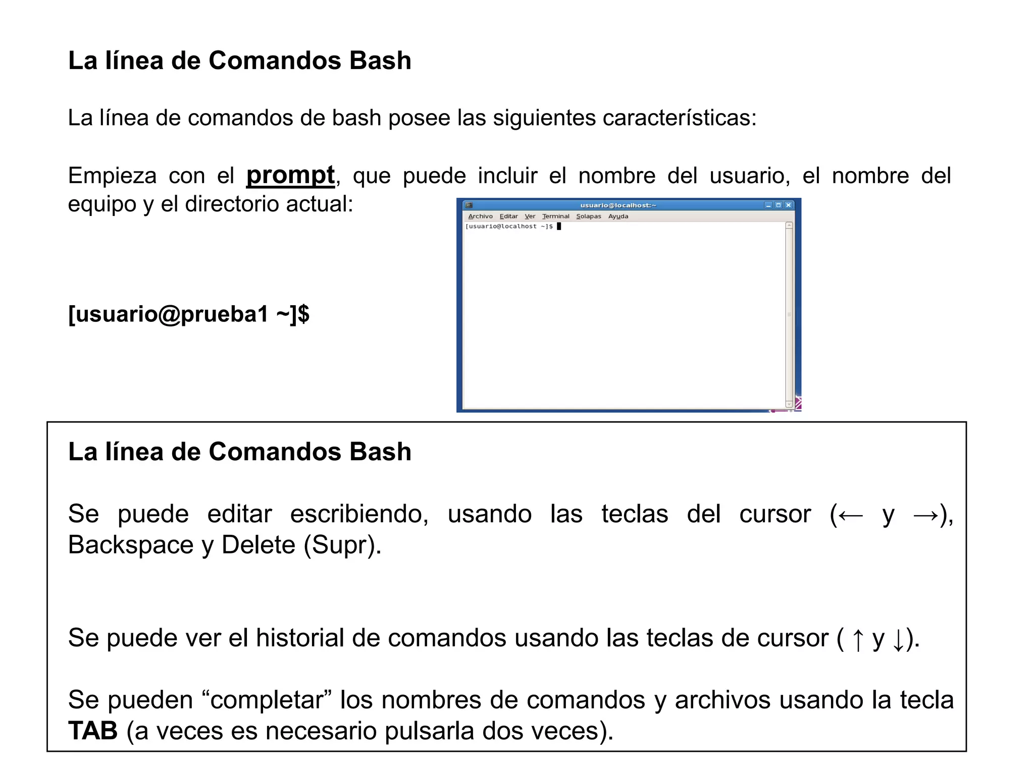 La línea de Comandos Bash
La línea de comandos de bash posee las siguientes características:
Empieza con el prompt, que puede incluir el nombre del usuario, el nombre del
equipo y el directorio actual:
[usuario@prueba1 ~]$
La línea de Comandos Bash
Se puede editar escribiendo, usando las teclas del cursor (← y →),
Backspace y Delete (Supr).
Se puede ver el historial de comandos usando las teclas de cursor ( ↑ y ↓).
Se pueden “completar” los nombres de comandos y archivos usando la tecla
TAB (a veces es necesario pulsarla dos veces).
 