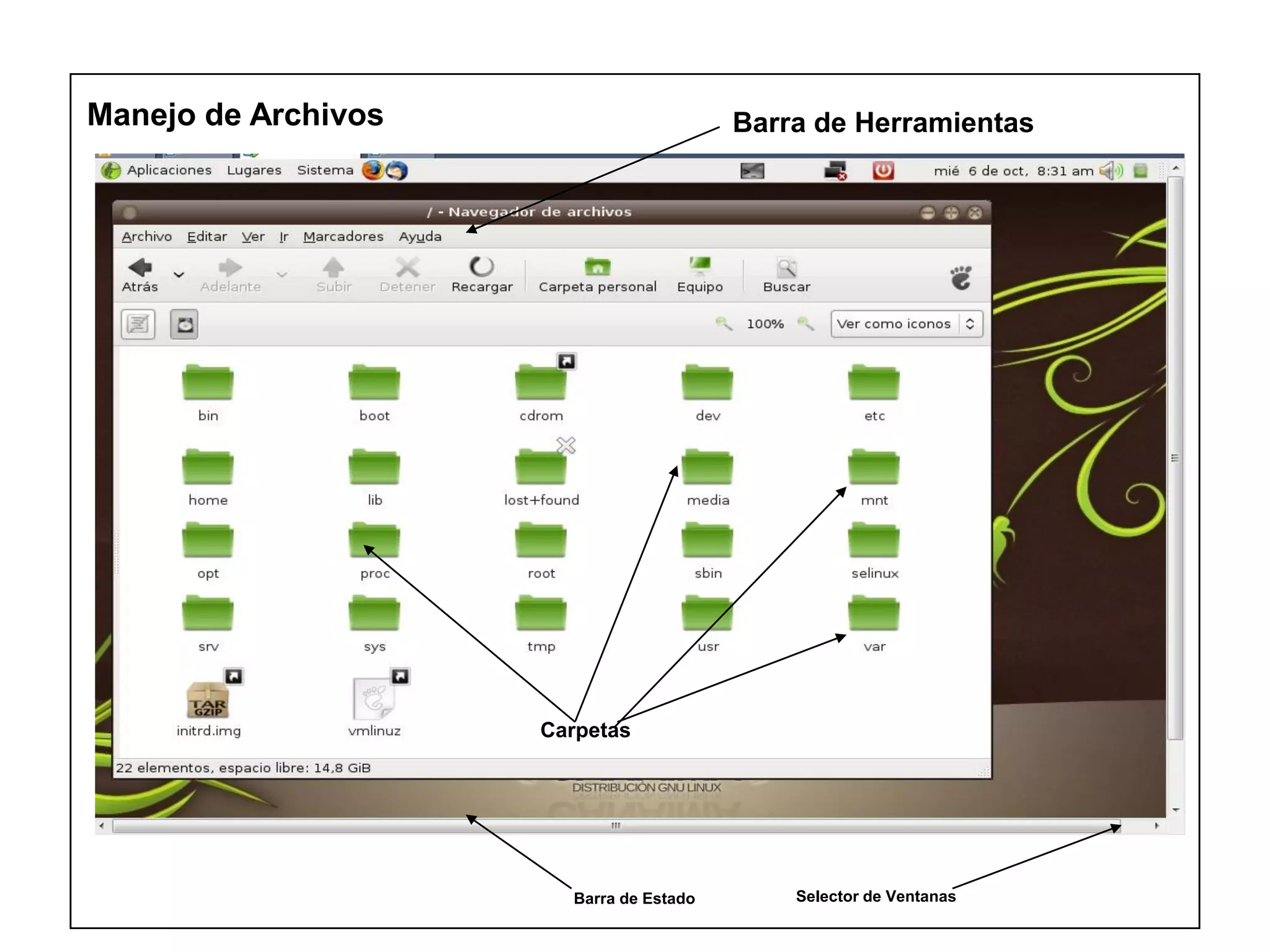 Manejo de Archivos Barra de Herramientas
Barra de Estado Selector de Ventanas
Carpetas
 