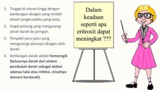 1. Tinggal di ataran tinggi dengan
kandungan oksigen yang rendah
dalam jangka waktu yang lama.
2. Gagal jantung yang mengurangi
aliran darah ke jaringan.
3. Penyakit paru-paru yang
mengurangi absorpsi oksigen oleh
darah.
4. Kehilangan darah akibat hemoragik
(keluarnya darah dari sistem
pembuluh darah sebagai akibat
adanya luka atau infeksi, misalnya
demam berdarah).
Dalam
keadaan
seperti apa
eritrosit dapat
meningkat ???
 