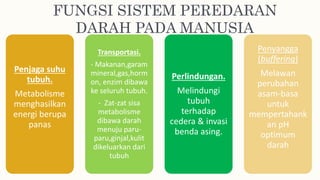 FUNGSI SISTEM PEREDARAN
DARAH PADA MANUSIA
Penjaga suhu
tubuh.
Metabolisme
menghasilkan
energi berupa
panas
Transportasi.
- Makanan,garam
mineral,gas,horm
on, enzim dibawa
ke seluruh tubuh.
- Zat-zat sisa
metabolisme
dibawa darah
menuju paru-
paru,ginjal,kulit
dikeluarkan dari
tubuh
Perlindungan.
Melindungi
tubuh
terhadap
cedera & invasi
benda asing.
Penyangga
(buffering)
Melawan
perubahan
asam-basa
untuk
mempertahank
an pH
optimum
darah
 