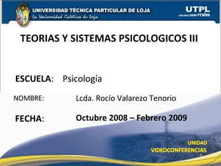 ESCUELA: Psicología
NOMBRE:
TEORIAS Y SISTEMAS PSICOLOGICOS III
FECHA:
Lcda. Rocío Valarezo Tenorio
Octubre 2008 – Febrero 2009
1
 