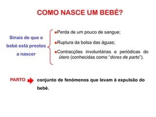 COMO NASCE UM BEBÉ?˜Perda de um pouco de sangue;Sinais de que o bebé está prestes a nascer˜Ruptura da bolsa das águas;˜Contracções involuntárias e periódicas do útero (conhecidas como “dores de parto”).PARTOconjunto de fenómenos que levam à expulsão do bebé.