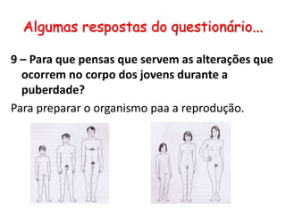 Algumas respostas do questionário...9 – Para que pensas que servem as alterações que ocorrem no corpo dos jovens durante a puberdade?Para preparar o organismo paa a reprodução.