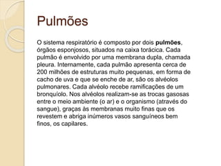 Pulmões 
O sistema respiratório é composto por dois pulmões, 
órgãos esponjosos, situados na caixa torácica. Cada 
pulmão é envolvido por uma membrana dupla, chamada 
pleura. Internamente, cada pulmão apresenta cerca de 
200 milhões de estruturas muito pequenas, em forma de 
cacho de uva e que se enche de ar, são os alvéolos 
pulmonares. Cada alvéolo recebe ramificações de um 
bronquíolo. Nos alvéolos realizam-se as trocas gasosas 
entre o meio ambiente (o ar) e o organismo (através do 
sangue), graças às membranas muito finas que os 
revestem e abriga inúmeros vasos sanguíneos bem 
finos, os capilares. 
 