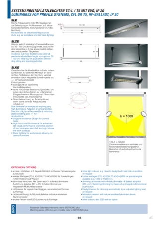 SYSTEMARBEITSPLATZLEUCHTEN TC-L / T5 MIT EVG, IP 20
LUMINAIRES FOR PROFILE SYSTEMS, CFL OR T5, HF-BALLAST, IP 20
SLE
Flache Anbauleuchte mit 2 Montagelaschen
zur Befestigung an Profiltraversen, z.B. als ar-
beitsplatzorientierte, leistungsstarke Grundbe-
leuchtung
Flat luminaire for direct fastening on cross
stuts, e.g. as workplace oriented basic lighting


SLZE
Wie vor, jedoch stufenlos höhenverstellbar von
ca. 50 - 150 cm durch Zugpendel, dadurch fle-
xibel einsetzbar, z.B. bei abwechselnd stehen-
den und sitzenden Tätigkeiten
As above, but more flexible by rise-and-fall
pendants adjustable in height from approx. 50
- 150 cm. Ideal e.g. for applications deman-
ding sitting and standing activities


SLKE
Zusatzleuchte für Arbeitsplätze mit sehr hohem
Lichtbedarf, zur seitlichen Montage an senk-
rechten Profilstreben. Lichtrichtung variabel
einstellbar durch integrierte Schwenkplatte (ca.
+/- 45° Schwenkbereich)
Einsatzgebiete:
• Schräglicht für bestimmte
  Kontrolltätigkeiten
• Hohe horizontale Beleuchtungsstärke, um
  gutes räumliches Sehen zu unterstützen
  (Eingeschwenkte Montage von 2 Leuchten
  links/rechts der Arbeitsfläche)
• Grundbeleuchtung an Arbeitsplätzen,
  wenn keine zentrale Anbauleuchte
  möglich ist
Side luminaire for workplaces requiring very
high illuminance. Adaption at vertical profiles.
Direction of light can be varied by a mounting
plate swivelling up to +/- 45°
Applications:
• Diagonal incidence of light for control
  tasks
• High horizontal illuminance for enhanced
  3D-visual performance (swivelled position
  of two luminaires each left and right above
  the work surface)
• Basic lighting for workplaces allowing no
  central luminaire

                                                                                                           1xSLE + 2xSLKE
                                                                                                           Zusammenwirken von vertikaler und
                                                                                                           horizontaler Beleuchtungsstärke
                                                                                                           Illustration of vertical and horizontal
                                                                                                           illuminance




OPTIONEN / OPTIONS
• andere Lichtfarben, z.B. tageslichtähnlich mit bester Farbwiedergabe      • other light colours, e.g. close to daylight with best colour rendition
  auf Wunsch                                                                  on request
• weitere Wattagen (TC-L 40/55W, T5 49/54/80W) für Sonderlängen             • further wattages (CFL 40/55W, T5 49/54/80W) for special lengths
  (1200/1500mm) auf Wunsch                                                    available (e.g. 1200 or 1500 mm)
• dimmbare Versionen: Alle Typen auch in stufenlos dimmbarer                • dimming: all models with infinitely dimmable HF-ballast as option
  Ausführung lieferbar (EEI = A1). Schalten/dimmen per                        (EEI = A1). Switching/dimming by means of an integral multi-functional
  integriertem Multifunktionstaster                                           push button
• Lichtsensor für tageslichtabhängiges, automatisches Dimmen                • Daylight sensor for dimming automatically to an adjusted lighting level
  auf Anfrage                                                                 on request
• Laborausführung: Auf Wunsch lieferbar mit natur-eloxiertem                • laboratory version: with natural-anodised aluminium louvre
  Aluminiumraster                                                             on request
• andere Farben oder ESD-Lackierung auf Anfrage                             • other colours, also ESD-safe as option
INFO




                     Passende Gelenkleuchtenserie: siehe SISTRONIC plus
                     Matching series of friction-arm models: refer to SISTRONIC plus


                                                                         66
 