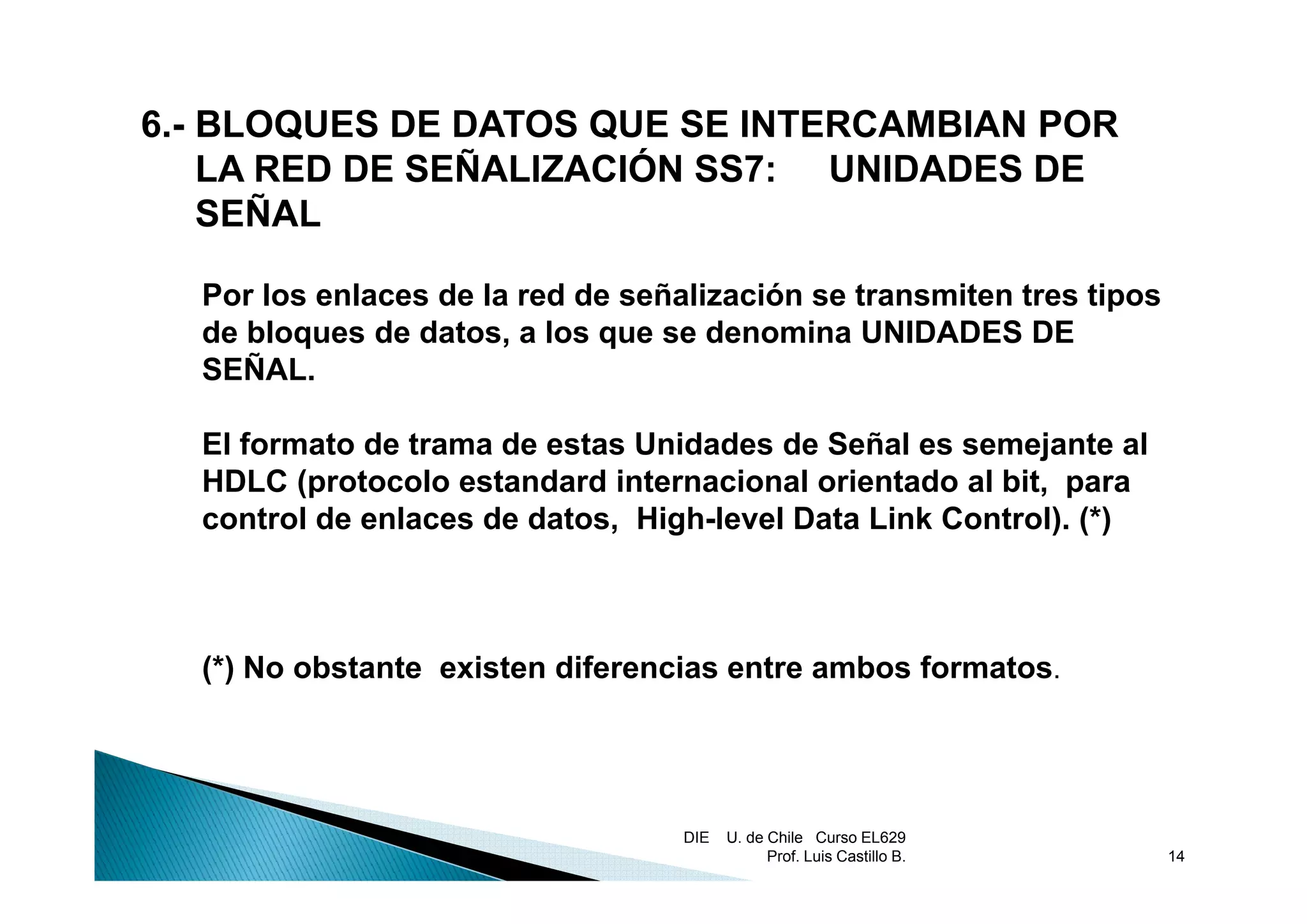 6.- BLOQUES DE DATOS QUE SE INTERCAMBIAN POR
    LA RED DE SEÑALIZACIÓN SS7: UNIDADES DE
    SEÑAL

  Por los enlaces de la red de señalización se transmiten tres tipos
  de bloques de datos, a los que se denomina UNIDADES DE
  SEÑAL.
     Ñ

  El formato de trama de estas Unidades de Señal es semejante al
  HDLC (protocolo estandard internacional orientado al bit, para
  control de enlaces de datos, High-level Data Link Control). (*)



  ()
  (*) No obstante existen diferencias entre ambos formatos.




                                   DIE   U. de Chile Curso EL629
                                               Prof. Luis Castillo B.   14
 