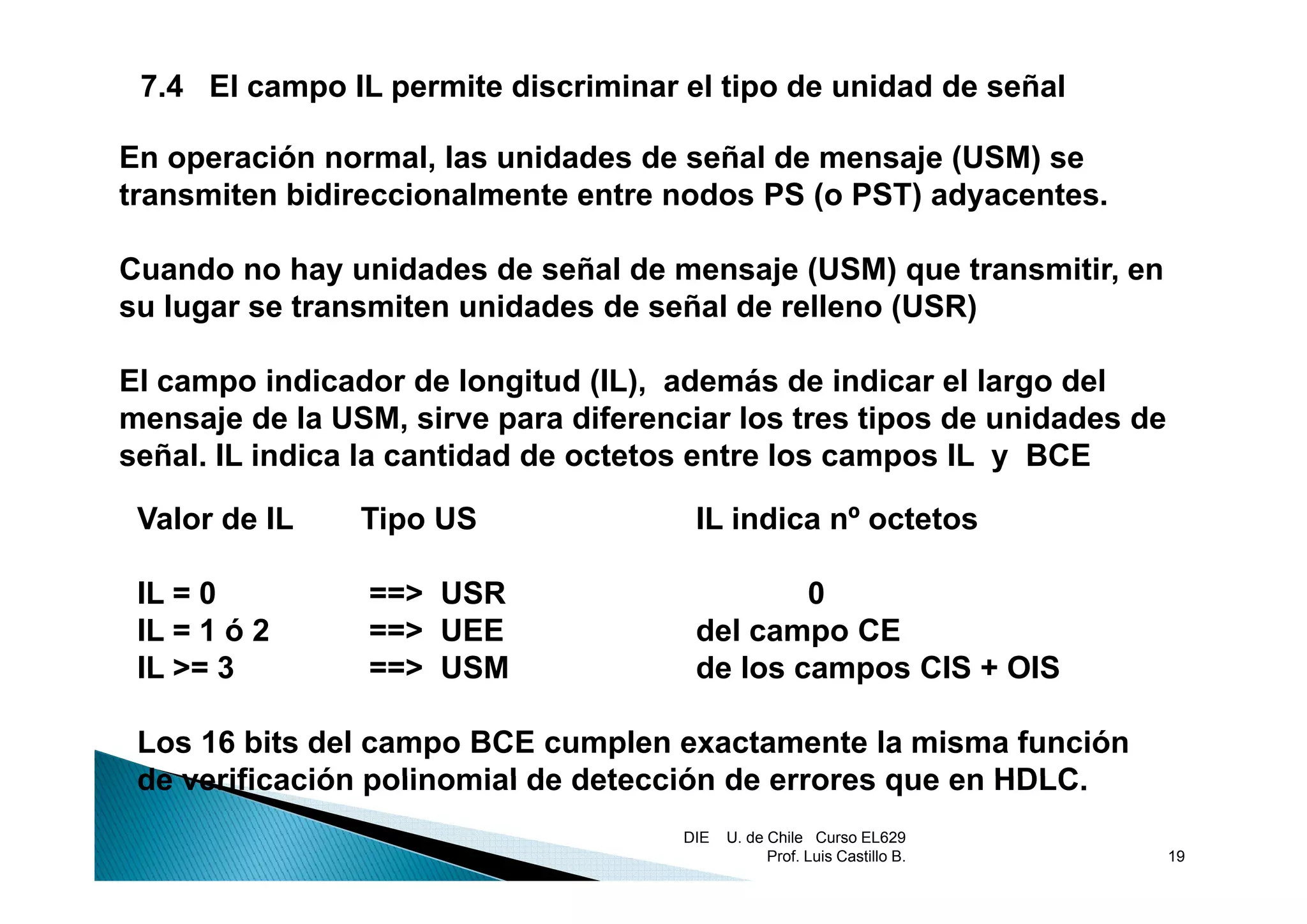 7.4 El campo IL permite discriminar el tipo de unidad de señal

En
E operación normal, las unidades de señal de mensaje (USM) se
          ió        l l    id d d      ñ ld         j
transmiten bidireccionalmente entre nodos PS (o PST) adyacentes.

Cuando no hay unidades de señal de mensaje (USM) que transmitir, en
su lugar se transmiten unidades de señal de relleno (USR)

El campo indicador de longitud (IL), además de indicar el largo del
mensaje de la USM, sirve para diferenciar los tres tipos de unidades de
señal. IL indica la cantidad de octetos entre los campos IL y BCE

 Valor de IL    Tipo US                IL indica nº octetos

 IL = 0         ==> USR                        0
 IL = 1 ó 2     ==> UEE                del campo CE
 IL >= 3        ==> USM                de los campos CIS + OIS

 Los 16 bits del campo BCE cumplen exactamente la misma función
 de verificación polinomial de detección de errores que en HDLC
                                                           HDLC.
                                      DIE   U. de Chile Curso EL629
                                                  Prof. Luis Castillo B.   19
 