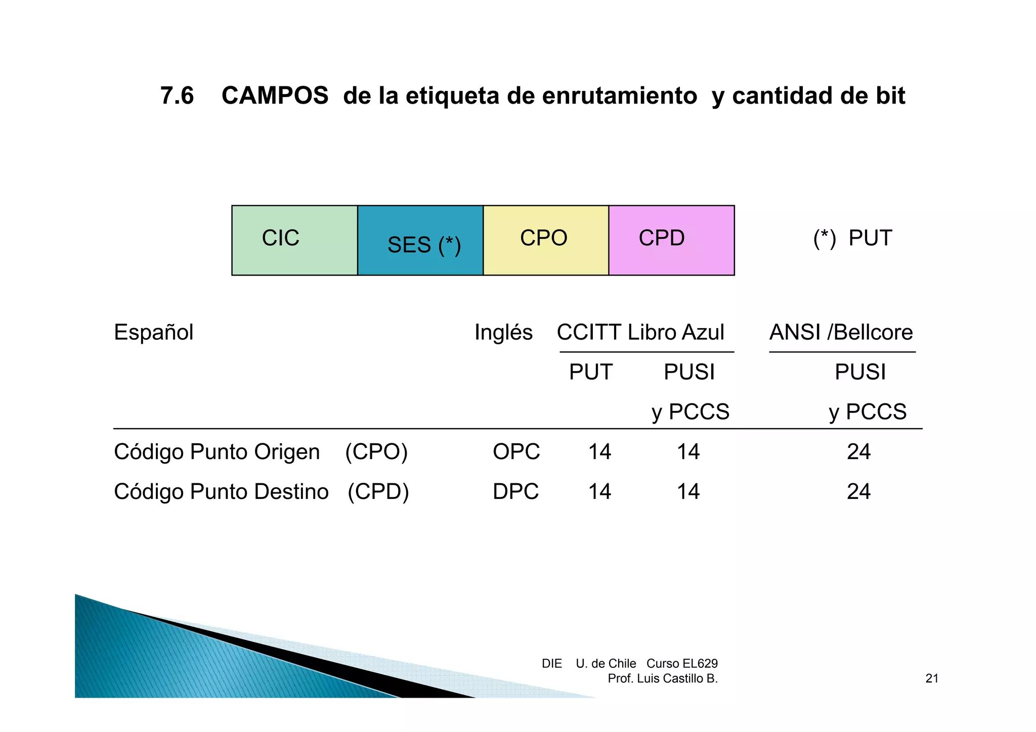 7.6   CAMPOS de la etiqueta de enrutamiento y cantidad de bit




             CIC         SES (*)       CPO                    CPD                    (*) PUT



Español                            Inglés     CCITT Libro Azul                   ANSI /Bellcore
                                                  PUT              PUSI                PUSI
                                                                y PCCS                y PCCS
Código Punto Origen   (CPO)         OPC             14               14                 24
Código Punto Destino (CPD)          DPC             14               14                 24




                                            DIE   U. de Chile Curso EL629
                                                        Prof. Luis Castillo B.                    21
 