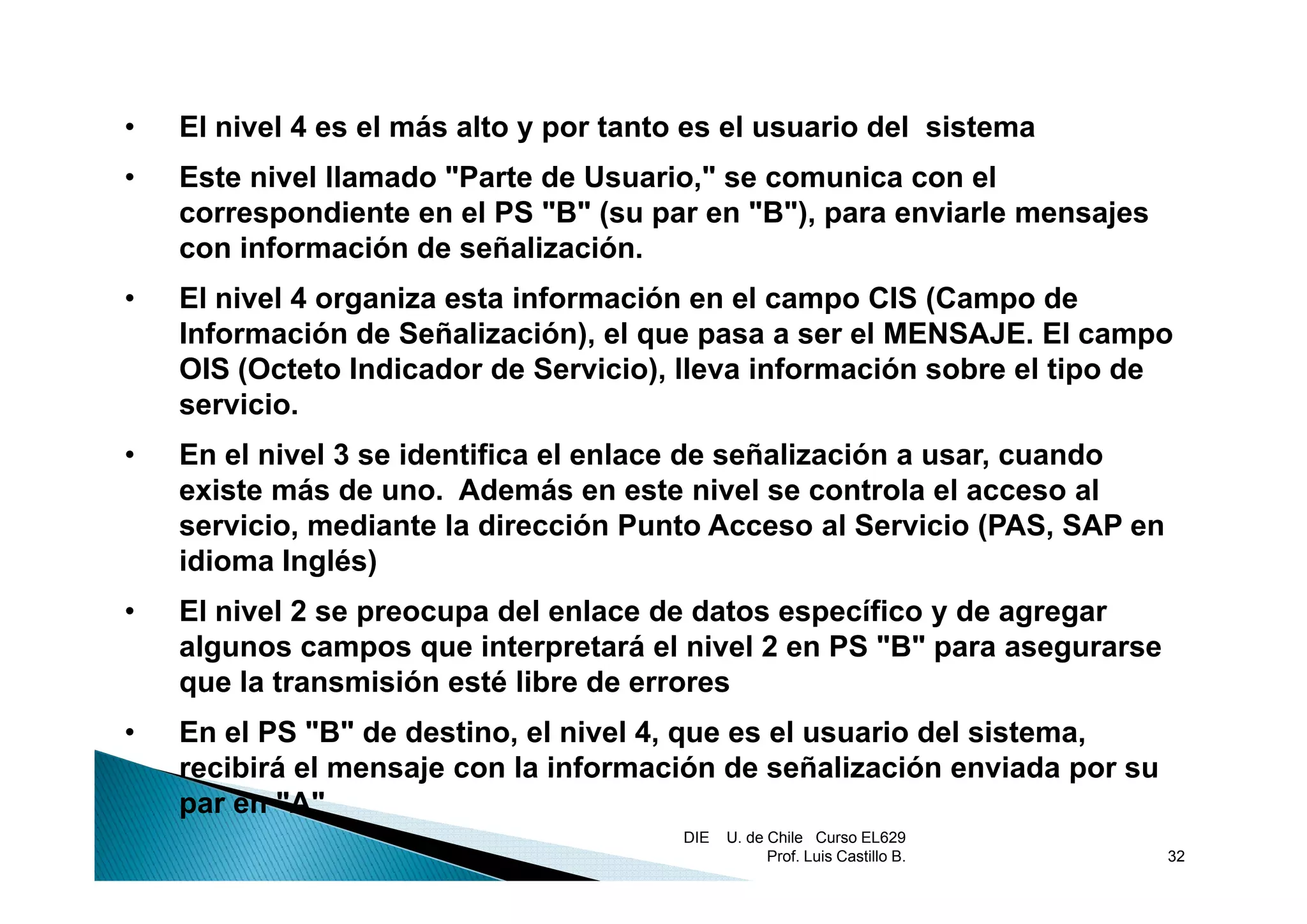 •   El nivel 4 es el más alto y por tanto es el usuario del sistema
•   Este nivel llamado "Parte de Usuario," se comunica con el
    correspondiente en el PS "B" (su par en "B"), para enviarle mensajes
    con información de señalización
                        señalización.
•   El nivel 4 organiza esta información en el campo CIS (Campo de
    Información de Señalización), el que pasa a ser el MENSAJE. El campo
    OIS (Octeto Indicador de Servicio), lleva información sobre el tipo de
    servicio.
•   En el nivel 3 se identifica el enlace de señalización a usar, cuando
    existe más de uno. Además en este nivel se controla el acceso al
    servicio, mediante la dirección Punto Acceso al Servicio (PAS, SAP en
    idioma Inglés)
•   El nivel 2 se preocupa del enlace de datos específico y de agregar
    algunos campos que interpretará el nivel 2 en PS "B" para asegurarse
    que l transmisión esté libre de errores
         la t      i ió   té lib d
•   En el PS "B" de destino, el nivel 4, que es el usuario del sistema,
    recibirá el mensaje con la información de señalización enviada por su
    par en "A"
                                         DIE   U. de Chile Curso EL629
                                                     Prof. Luis Castillo B.   32
 