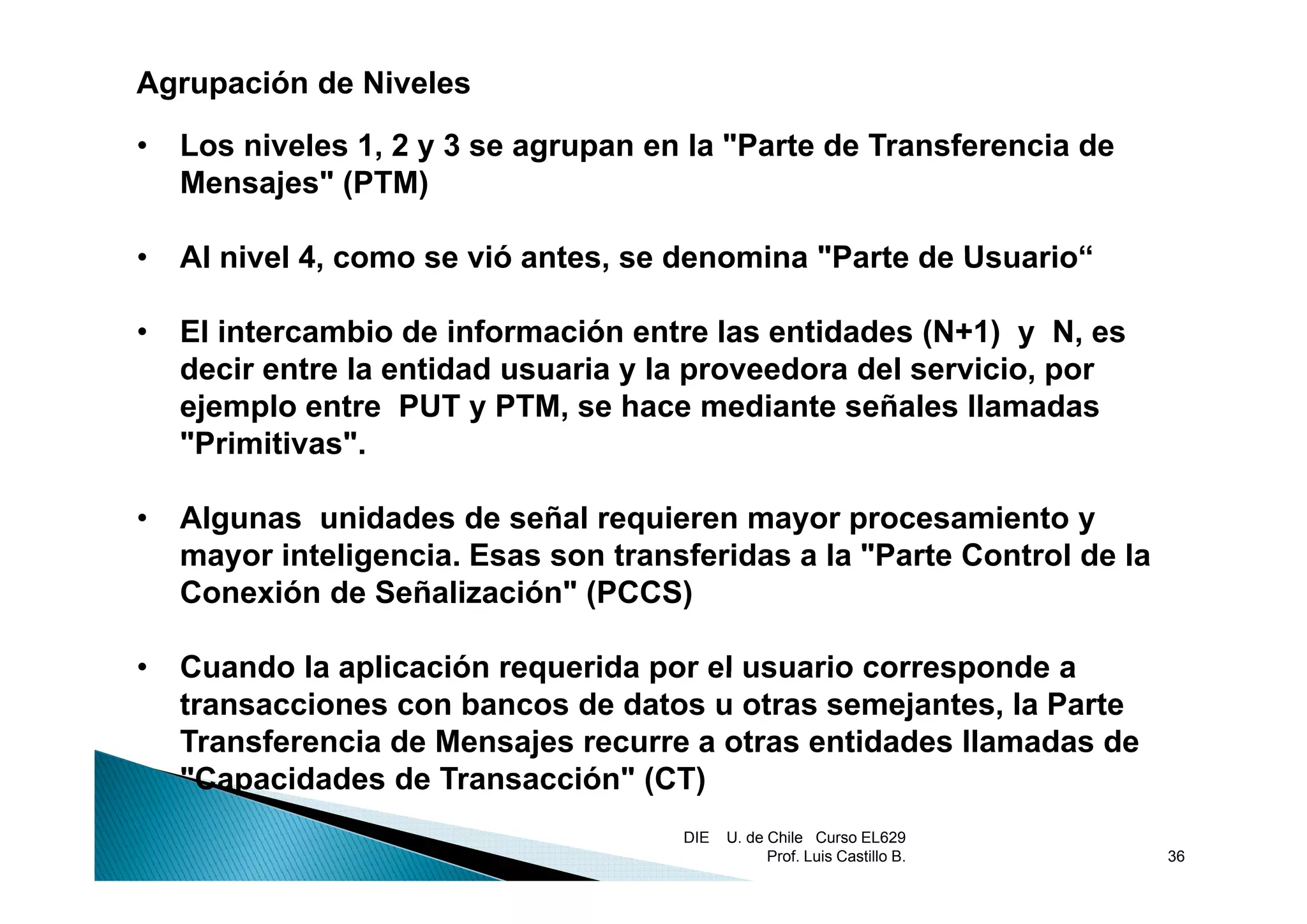 Agrupación de Niveles

•   Los niveles 1, 2 y 3 se agrupan en la "Parte de Transferencia de
                1                          Parte
    Mensajes" (PTM)

•   Al nivel 4, como se vió antes se denomina "Parte de Usuario“
             4              antes,

•   El intercambio de información entre las entidades (N+1) y N, es
    decir entre la entidad usuaria y la proveedora del servicio, por
    ejemplo entre PUT y PTM, se hace mediante señales llamadas
    "Primitivas".

•   Algunas unidades de señal requieren mayor procesamiento y
    mayor inteligencia. Esas son transferidas a la "Parte Control de la
       y        g
    Conexión de Señalización" (PCCS)

•   Cuando la aplicación requerida por el usuario corresponde a
    transacciones con bancos de datos u otras semejantes, la Parte
    Transferencia de Mensajes recurre a otras entidades llamadas de
    "Capacidades de Transacción" (CT)
     Capacidades     Transacción
                                      DIE   U. de Chile Curso EL629
                                                  Prof. Luis Castillo B.   36
 