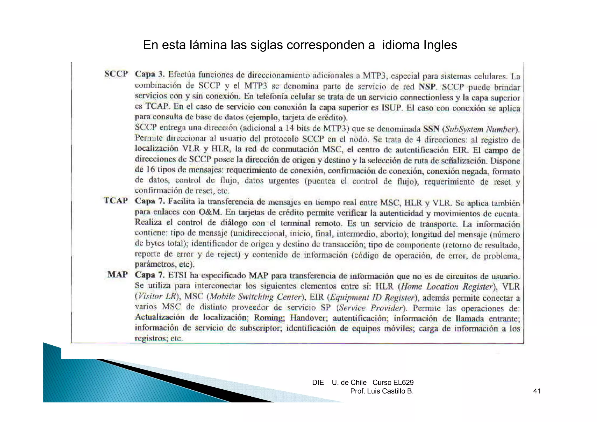 En esta lámina las siglas corresponden a idioma Ingles




                             DIE   U. de Chile Curso EL629
                                         Prof. Luis Castillo B.   41
 