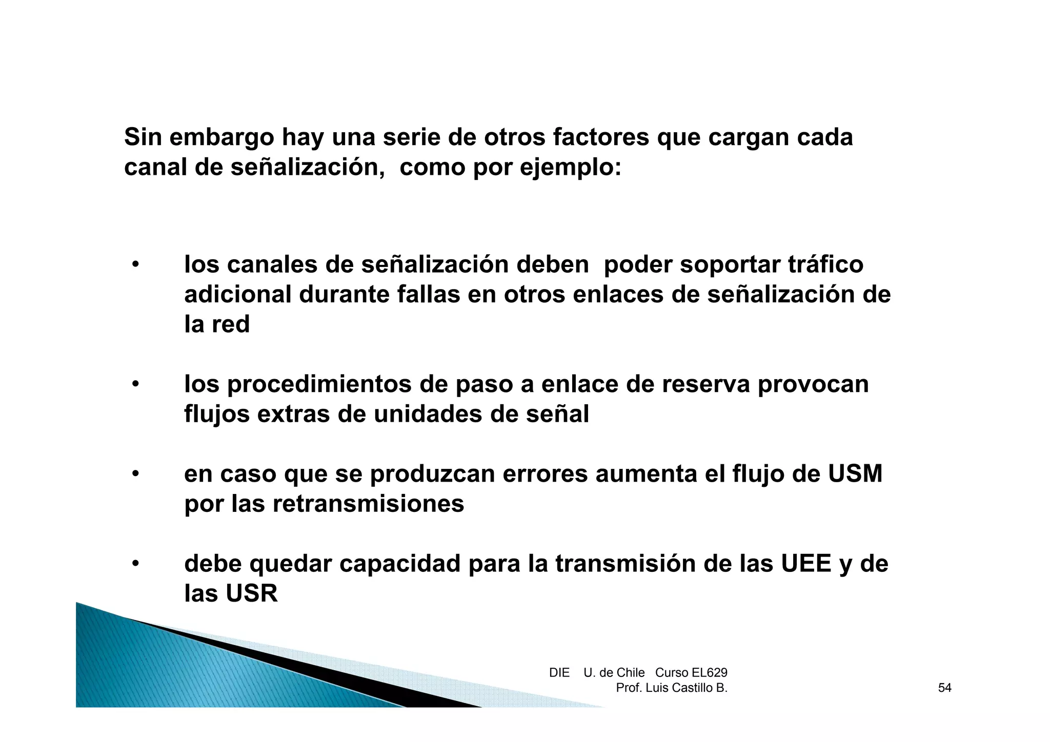 Sin embargo hay una serie de otros factores que cargan cada
canal de señalización, como por ejemplo:


•   los canales de señalización deben poder soportar tráfico
    adicional durante fallas en otros enlaces de señalización de
     di i   ld     t f ll        t      l     d    ñ li   ió d
    la red

•   los procedimientos de paso a enlace de reserva provocan
    flujos extras de unidades de señal

•   en caso que se produzcan errores aumenta el flujo de USM
    por las retransmisiones

•   debe quedar capacidad para la transmisión de las UEE y de
    las USR


                                  DIE   U. de Chile Curso EL629
                                              Prof. Luis Castillo B.   54
 