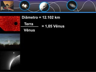 Diâmetro = 12.102 km
Terra
Vênus
= 1,05 Vênus
 