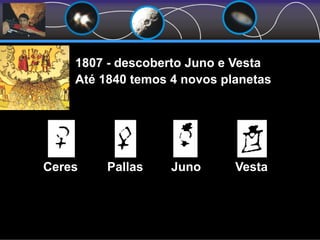 1807 - descoberto Juno e Vesta
Até 1840 temos 4 novos planetas
Ceres Pallas Juno Vesta
 