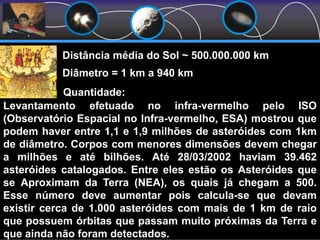 Diâmetro = 1 km a 940 km
Quantidade:
Distância média do Sol ~ 500.000.000 km
Levantamento efetuado no infra-vermelho pelo ISO
(Observatório Espacial no Infra-vermelho, ESA) mostrou que
podem haver entre 1,1 e 1,9 milhões de asteróides com 1km
de diâmetro. Corpos com menores dimensões devem chegar
a milhões e até bilhões. Até 28/03/2002 haviam 39.462
asteróides catalogados. Entre eles estão os Asteróides que
se Aproximam da Terra (NEA), os quais já chegam a 500.
Esse número deve aumentar pois calcula-se que devam
existir cerca de 1.000 asteróides com mais de 1 km de raio
que possuem órbitas que passam muito próximas da Terra e
que ainda não foram detectados.
 