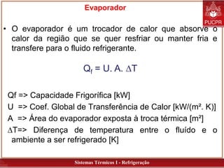 Sistemas Térmicos I - Refrigeração
Evaporador
• O evaporador é um trocador de calor que absorve o
calor da região que se quer resfriar ou manter fria e
transfere para o fluido refrigerante.
Qf = U. A. DT
Qf => Capacidade Frigorífica [kW]
U => Coef. Global de Transferência de Calor [kW/(m². K)]
A => Área do evaporador exposta à troca térmica [m²]
DT=> Diferença de temperatura entre o fluído e o
ambiente a ser refrigerado [K]
 