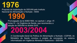 1976Proposta de implantação do SISVAN pelo Instituto
Nacional de Alimentação e Nutrição - INAN
2003/2004
A Coordenação-Geral da Política de Alimentação e Nutrição –CGPAN, do
Ministério da Saúde concluiu o projeto de concepção do sistema
informatizado em Vigilância Alimentar e Nutriciona – SISVAN.
1990Promulgação da lei 8080/1900, no capítulo I, artigo 6º,
inciso IV – lei Orgânica da Saúde, que recomendou a
adoção do SISVAN no âmbito SUS.
11
 