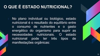 O QUE É ESTADO NUTRICIONAL?
› No plano individual ou biológico, estado
nutricional é o resultado do equilíbrio entre
o consumo de nutrientes e o gasto
energético do organismo para suprir as
necessidades nutricionais. O estado
nutricional pode ter três tipos de
manifestações orgânicas:
15
 