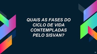 QUAIS AS FASES DO
CICLO DE VIDA
CONTEMPLADAS
PELO SISVAN?
19
 