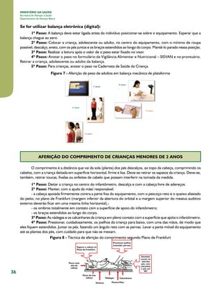 MINISTÉRIO DA SAÚDE
Secretaria de Atenção à Saúde
Departamento de Atenção Básica

Se for utilizar balança eletrônica (digital):
1º Passo: A balança deve estar ligada antes do indivíduo posicionar-se sobre o equipamento. Esperar que a
balança chegue ao zero.
2º Passo: Colocar a criança, adolescente ou adulto, no centro do equipamento, com o mínimo de roupa
possível, descalço, ereto, com os pés juntos e os braços estendidos ao longo do corpo. Mantê-lo parado nessa posição.
3º Passo: Realizar a leitura após o valor de o peso estar fixado no visor.
4º Passo: Anotar o peso no formulário da Vigilância Alimentar e Nutricional – SISVAN e no prontuário.
Retirar a criança, adolescente ou adulto da balança.
5º Passo: Para crianças, anotar o peso na Caderneta de Saúde da Criança.
Figura 7 - Aferição de peso de adultos em balança mecânica de plataforma

AFERIÇÃO DO COMPRIMENTO DE CRIANÇAS MENORES DE 2 ANOS
O comprimento é a distância que vai da sola (planta) dos pés descalços, ao topo da cabeça, comprimindo os
cabelos, com a criança deitada em superfície horizontal, firme e lisa. Deve-se retirar os sapatos da criança. Deve-se,
também, retirar toucas, fivelas ou enfeites de cabelo que possam interferir na tomada da medida.
1º Passo: Deitar a criança no centro do infantômetro, descalça e com a cabeça livre de adereços.
2º Passo: Manter, com a ajuda da mãe/ responsável:
- a cabeça apoiada firmemente contra a parte fixa do equipamento, com o pescoço reto e o queixo afastado
do peito, no plano de Frankfurt (margem inferior da abertura do orbital e a margem superior do meatus auditivo
externo deverão ficar em uma mesma linha horizontal).;
- os ombros totalmente em contato com a superfície de apoio do infantômetro;
- os braços estendidos ao longo do corpo.
3º Passo: As nádegas e os calcanhares da criança em pleno contato com a superfície que apóia o infantômetro.
4º Passo: Pressionar, cuidadosamente, os joelhos da criança para baixo, com uma das mãos, de modo que
eles fiquem estendidos. Juntar os pés, fazendo um ângulo reto com as pernas. Levar a parte móvel do equipamento
até as plantas dos pés, com cuidado para que não se mexam.
Figura 8 - Técnica de aferição do comprimento segundo Plano de Frankfurt

36

 