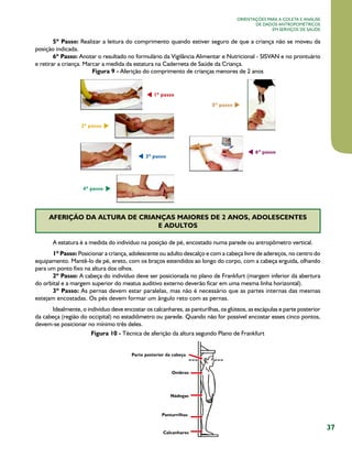 Orientações para a coleta e análise
de dados antropométricos
em serviços de saúde

5º Passo: Realizar a leitura do comprimento quando estiver seguro de que a criança não se moveu da
posição indicada.
6º Passo: Anotar o resultado no formulário da Vigilância Alimentar e Nutricional - SISVAN e no prontuário
e retirar a criança. Marcar a medida da estatura na Caderneta de Saúde da Criança.
Figura 9 - Aferição do comprimento de crianças menores de 2 anos

AFERIÇÃO DA ALTURA DE CRIANÇAS MAIORES DE 2 ANOS, ADOLESCENTES
E ADULTOS
A estatura é a medida do indivíduo na posição de pé, encostado numa parede ou antropômetro vertical.
1º Passo: Posicionar a criança, adolescente ou adulto descalço e com a cabeça livre de adereços, no centro do
equipamento. Mantê-lo de pé, ereto, com os braços estendidos ao longo do corpo, com a cabeça erguida, olhando
para um ponto fixo na altura dos olhos.
2º Passo: A cabeça do indivíduo deve ser posicionada no plano de Frankfurt (margem inferior da abertura
do orbital e a margem superior do meatus auditivo externo deverão ficar em uma mesma linha horizontal).
3º Passo: As pernas devem estar paralelas, mas não é necessário que as partes internas das mesmas
estejam encostadas. Os pés devem formar um ângulo reto com as pernas.
Idealmente, o indivíduo deve encostar os calcanhares, as panturilhas, os glúteos, as escápulas e parte posterior
da cabeça (região do occipital) no estadiômetro ou parede. Quando não for possível encostar esses cinco pontos,
devem-se posicionar no mínimo três deles.
Figura 10 - Técnica de aferição da altura segundo Plano de Frankfurt

37

 