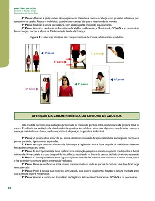 MINISTÉRIO DA SAÚDE
Secretaria de Atenção à Saúde
Departamento de Atenção Básica

4º Passo: Abaixar a parte móvel do equipamento, fixando-a contra a cabeça, com pressão suficiente para
comprimir o cabelo. Retirar o indivíduo, quando tiver certeza de que o mesmo não se moveu.
5º Passo: Realizar a leitura da estatura, sem soltar a parte móvel do equipamento.
6º Passo: Anotar o resultado no formulário da Vigilância Alimentar e Nutricional - SISVAN e no prontuário.
Para crianças, marcar a altura na Caderneta de Saúde da Criança.
Figura 11 - Aferição da altura de crianças maiores de 2 anos, adolescentes e adultos

AFERIÇÃO DA CIRCUNFERÊNCIA DA CINTURA DE ADULTOS
Esta medida permite uma avaliação aproximada da massa de gordura intra-abdominal e da gordura total do
corpo. É utilizada na avaliação da distribuição de gordura em adultos, visto que algumas complicações, como as
doenças metabólicas crônicas, estão associadas à deposição da gordura abdominal.
1º Passo: A pessoa deve estar de pé, ereta, abdômen relaxado, braços estendidos ao longo do corpo e as
pernas paralelas, ligeiramente separadas.
2º Passo: A roupa deve ser afastada, de forma que a região da cintura fique despida. A medida não deve ser
feita sobre a roupa ou cinto.
3º Passo: O antropometrista deve realizar uma marcação pequena a caneta no ponto médio entre a borda
inferior da última costela e o osso do quadril (crista ilíaca), visualizado na frente da pessoa, do lado direito ou esquerdo.
4º Passo: O antropometrista deve segurar o ponto zero da fita métrica com uma mão e com a outra passar
a fita ao redor da cintura sobre a marcação realizada.
5º Passo: Deve-se verificar se a fita está no mesmo nível em todas as partes da cintura; não deve ficar larga,
nem apertada.
6º Passo: Pedir à pessoa que inspire e, em seguida, que expire totalmente. Realizar a leitura imediata antes
que a pessoa inspire novamente.
7º Passo: Anotar a medida no formulário da Vigilância Alimentar e Nutricional - SISVAN e no prontuário.

38

 