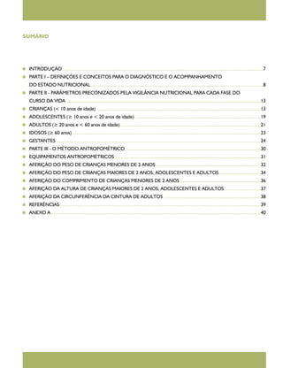 SUMÁRIO

	Introdução....................................................................................................................................................................7
	 PARTE I – DEFINIÇÕES E CONCEITOS PARA O DIAGNÓSTICO E O ACOMPANHAMENTO
	DO ESTADO NUTRICIONAL.............................................................................................................................................8
	 PARTE II - PARÂMETROS PRECONIZADOS PELA VIGILÂNCIA NUTRICIONAL PARA CADA FASE DO
	

CURSO DA VIDA...............................................................................................................................................................13
	 CRIANÇAS (< 10 anos de idade)......................................................................................................................................13
	 ADOLESCENTES (≥ 10 anos e < 20 anos de idade).......................................................................................................19
	 ADULTOS (≥ 20 anos e < 60 anos de idade)...................................................................................................................21
	 IDOSOS (≥ 60 anos) .........................................................................................................................................................23
	GESTANTES.......................................................................................................................................................................24
	 PARTE III - O MÉTODO ANTROPOMÉTRICO...............................................................................................................30
	 EQUIPAMENTOS ANTROPOMÉTRICOS.......................................................................................................................31
	 AFERIÇÃO DO PESO DE CRIANÇAS MENORES DE 2 ANOS......................................................................................32
	 AFERIÇÃO DO PESO DE CRIANÇAS MAIORES DE 2 ANOS, ADOLESCENTES E ADULTOS...................................34
	 AFERIÇÃO DO COMPRIMENTO DE CRIANÇAS MENORES DE 2 ANOS...................................................................36
	 AFERIÇÃO DA ALTURA DE CRIANÇAS MAIORES DE 2 ANOS, ADOLESCENTES E ADULTOS..............................37
	 AFERIÇÃO DA CIRCUNFERÊNCIA DA CINTURA DE ADULTOS................................................................................38
	 Referências....................................................................................................................................................................39
	 Anexo A...........................................................................................................................................................................40

 