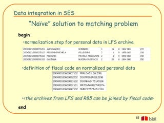 Data integration in SES

       “Naïve” solution to matching problem
 begin
   •normalization step for personal data in LFS archive




  •definition of fiscal code on normalized personal data




  •<the archives from LFS and R85 can be joined by fiscal code>
 end

                                                           15
 