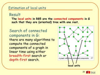 Estimation of local units

Result
  The local units in R85 are the connected components in G
  such that they are (oriented) tree with one root.


Search of connected
components in G:
there are many algorithms to
compute the connected
components of a graph in
linear time using either
breadth-first search or
depth-first search.
                                          local units

                                                        20
 