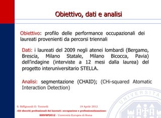 Obiettivo, dati e analisi

  Obiettivo: profilo delle performance occupazionali dei
  laureati provenienti da percorsi triennali

    Dati: i laureati del 2009 negli atenei lombardi (Bergamo,
    Brescia, Milano Statale, Milano Bicocca, Pavia)
    dell’indagine (interviste a 12 mesi dalla laurea) del
    progetto interuniversitario STELLA.

    Analisi: segmentazione (CHAID); (CHi-squared Atomatic
    Interaction Detection)


S. Biffignandi-D. Toninelli                           19 Aprile 2012
«Gli sbocchi professionali dei laureati: occupazione e professionalizzazione»
                                                                                5
                   SISVSP2012 - Università Europea di Roma
 