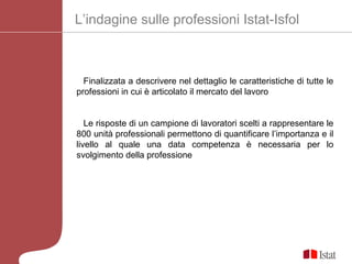 L’indagine sulle professioni Istat-Isfol



  Finalizzata a descrivere nel dettaglio le caratteristiche di tutte le
professioni in cui è articolato il mercato del lavoro


   Le risposte di un campione di lavoratori scelti a rappresentare le
800 unità professionali permettono di quantificare l’importanza e il
livello al quale una data competenza è necessaria per lo
svolgimento della professione
 