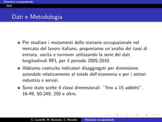 Dinamica occupazionale
  Dati



      Dati e Metodologia


             Per studiare i mutamenti dello scenario occupazionale nel
             mercato del lavoro italiano, proponiamo un’analisi dei tassi di
             entrata, uscita e turnover utilizzando la serie dei dati
             longitudinali RFL per il periodo 2005-2010.
             Abbiamo costruito indicatori disaggregati per dimensione
             aziendale relativamente al totale dell’economia e per i settori
             industria e servizi.
             Sono state scelte 4 classi dimensionali: ”ﬁno a 15 addetti”,
             16-49, 50-249, 250 e oltre.




                    C. Lucarelli, M. Baussola, C. Mussida   Dinamica occupazionale
 