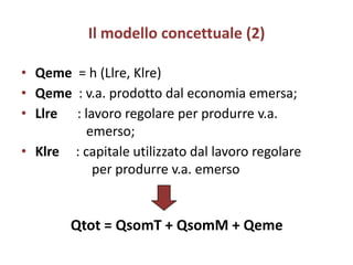 Il modello concettuale (2)

• Qeme = h (Llre, Klre)
• Qeme : v.a. prodotto dal economia emersa;
• Llre : lavoro regolare per produrre v.a.
          emerso;
• Klre : capitale utilizzato dal lavoro regolare
           per produrre v.a. emerso


        Qtot = QsomT + QsomM + Qeme
 