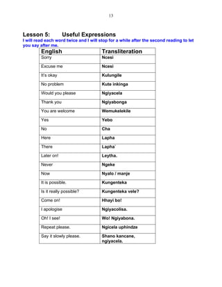 13 
Lesson 5: Useful Expressions 
I will read each word twice and I will stop for a while after the second reading to let you say after me. 
English 
Transliteration 
Sorry 
Ncesi 
Excuse me 
Ncesi 
It’s okay 
Kulungile 
No problem 
Kute inkinga 
Would you please 
Ngiyacela 
Thank you 
Ngiyabonga 
You are welcome 
Wemukelekile 
Yes 
Yebo 
No 
Cha 
Here 
Lapha 
There 
Lapha` 
Later on! 
Leytha. 
Never 
Ngeke 
Now 
Nyalo / manje 
It is possible. 
Kungenteka 
Is it really possible? 
Kungenteka vele? 
Come on! 
Hhayi bo! 
I apologise 
Ngiyacolisa. 
Oh! I see! 
Wo! Ngiyabona. 
Repeat please. 
Ngicela uphindze 
Say it slowly please. 
Shano kancane, ngiyacela. 
 