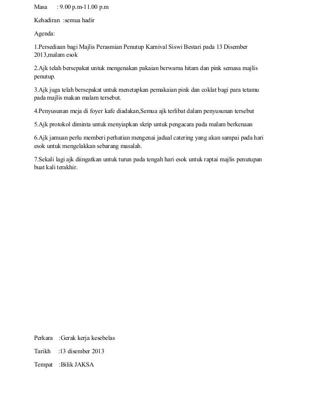 Laporan Minit Mesyuarat Karnival Siswi Bestari 2013