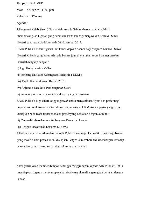 Laporan Minit Mesyuarat Karnival Siswi Bestari 2013