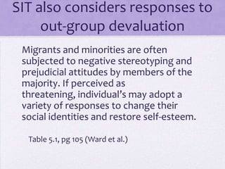 Responses to
      out-group devaluation
Migrants and minorities are often
subjected to negative stereotyping and
prejudicial attitudes by members of the
majority. If perceived as
threatening, individual’s may adopt a
variety of responses to change their
social identities and restore self-esteem.

 Table 5.1, pg 105 (Ward)
 