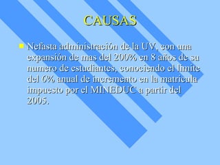 CAUSAS Nefasta administración de la UV, con una expansión de mas del 200% en 8 años de su numero de estudiantes, conociendo el limite del 6% anual de incremento en la matricula impuesto por el MINEDUC a partir del 2005. 