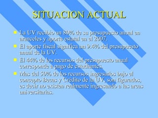 SITUACION ACTUAL La UV recibio un 80% de su presupuesto anual en aranceles y aporte estatal en el 2007. El aporte fiscal significa un 9.4% del presupuesto anual de la UV. El 44% de los recursos del presupuesto anual corresponde a pago de estudiantes. Mas del 50% de los recursos ingresados bajo el concepto Becas y Crédito de la UV, son figurados, es decir no existen realmente ingresando a las arcas universitarias. 