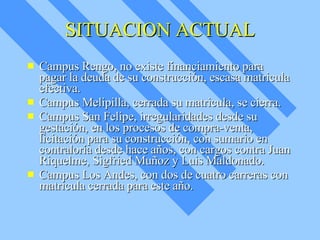 SITUACION ACTUAL Campus Rengo, no existe financiamiento para pagar la deuda de su construcción, escasa matricula efectiva. Campus Melipilla, cerrada su matricula, se cierra. Campus San Felipe, irregularidades desde su gestación, en los procesos de compra-venta, licitación para su construcción, con sumario en contraloría desde hace años, con cargos contra Juan Riquelme, Sigfried Muñoz y Luis Maldonado. Campus Los Andes, con dos de cuatro carreras con matricula cerrada para este año. 