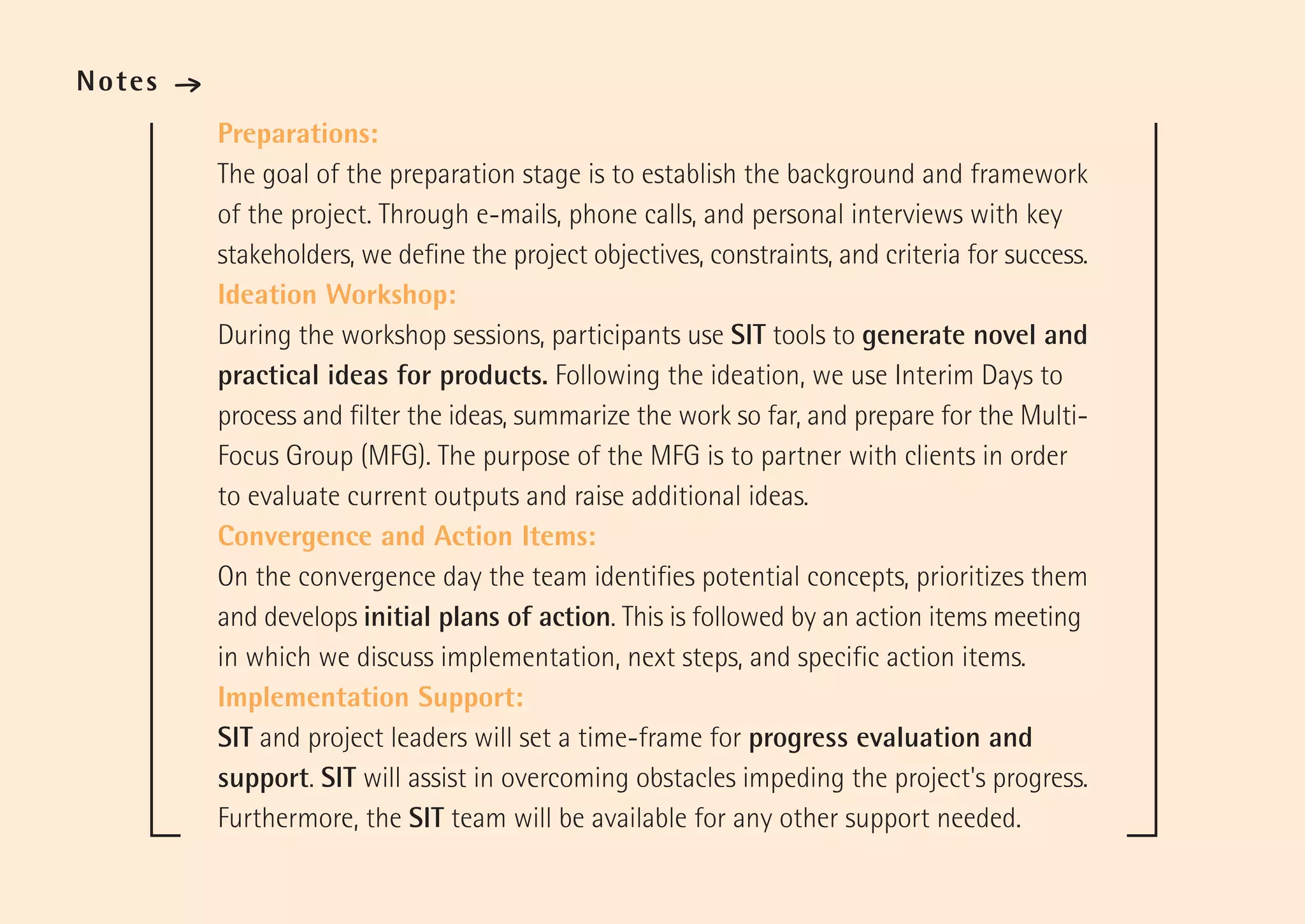 Notes   ·
            Preparations:
            The goal of the preparation stage is to establish the background and framework
            of the project. Through e-mails, phone calls, and personal interviews with key
            stakeholders, we define the project objectives, constraints, and criteria for success.
            Ideation Workshop:
            During the workshop sessions, participants use SIT tools to generate novel and
            practical ideas for products. Following the ideation, we use Interim Days to
            process and filter the ideas, summarize the work so far, and prepare for the Multi-
            Focus Group (MFG). The purpose of the MFG is to partner with clients in order
            to evaluate current outputs and raise additional ideas.
            Convergence and Action Items:
            On the convergence day the team identifies potential concepts, prioritizes them
            and develops initial plans of action. This is followed by an action items meeting
            in which we discuss implementation, next steps, and specific action items.
            Implementation Support:
            SIT and project leaders will set a time-frame for progress evaluation and
            support. SIT will assist in overcoming obstacles impeding the project's progress.
            Furthermore, the SIT team will be available for any other support needed.
 