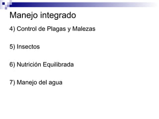 Manejo integrado
4) Control de Plagas y Malezas
5) Insectos
6) Nutrición Equilibrada
7) Manejo del agua
 