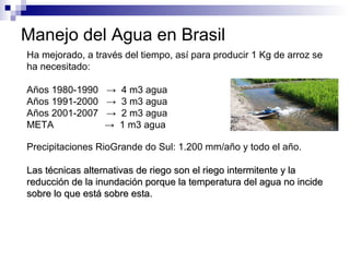 Manejo del Agua en Brasil
Ha mejorado, a través del tiempo, así para producir 1 Kg de arroz se
ha necesitado:
Años 1980-1990 → 4 m3 agua
Años 1991-2000 → 3 m3 agua
Años 2001-2007 → 2 m3 agua
META → 1 m3 agua
Precipitaciones RioGrande do Sul: 1.200 mm/año y todo el año.
Las técnicas alternativas de riego son el riego intermitente y laLas técnicas alternativas de riego son el riego intermitente y la
reducción de la inundación porque la temperatura del agua no incidereducción de la inundación porque la temperatura del agua no incide
sobre lo que está sobre esta.sobre lo que está sobre esta.
 