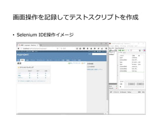 画面操作を記録してテストスクリプトを作成
• Selenium IDE操作イメージ
 