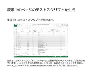 表示中のページのテストスクリプトを生成
生成されたテストスクリプトが開きます。
生成されたテストスクリプトにはページ内の全操作項目のテストステップが出力され
ています。ハンズオンでは不要なため、トラッカー以前のテストステップを削除し、
ケース_001のデータをCreateAndUpdateTicket.xlsxと同じ値に設定します。
 