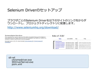 Selenium Driverのセットアップ
ブラウザごとのSelenium Driverを以下のサイトのリンク先からダ
ウンロードし、プロジェクトディレクトリに配置します。
http://www.seleniumhq.org/download/
sit-wt
chromedriver.exe
IEDriverServer.exe
pom.xml
 