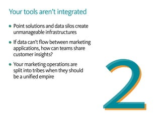 Your tools aren’t integrated
Pointsolutionsanddatasiloscreate
unmanageableinfrastructures
Ifdatacan’tflowbetweenmarketing
applications,howcanteamsshare
customerinsights?
Yourmarketingoperationsare
splitintotribeswhentheyshould
beaunifiedempire
 
